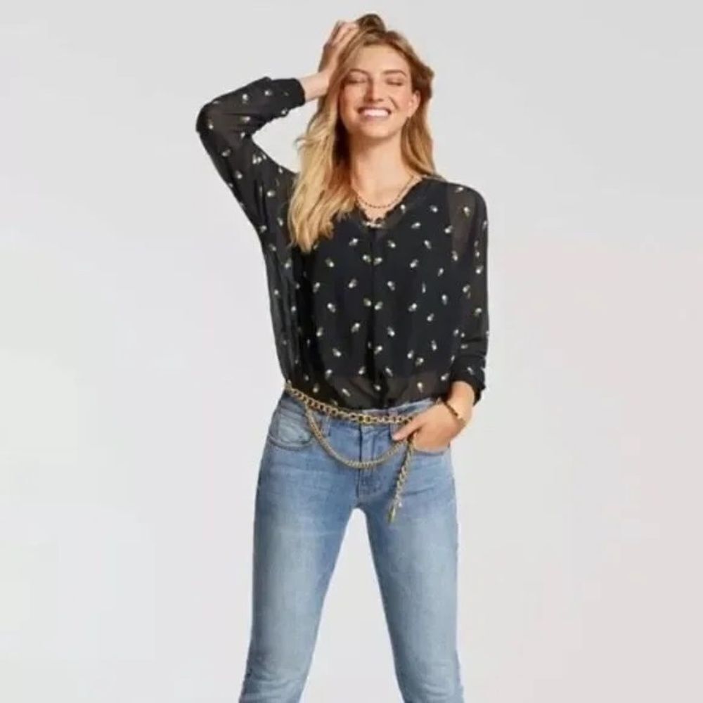 CAbi Alegria Black Embroidered Floral Peasant Blouse Size XS
